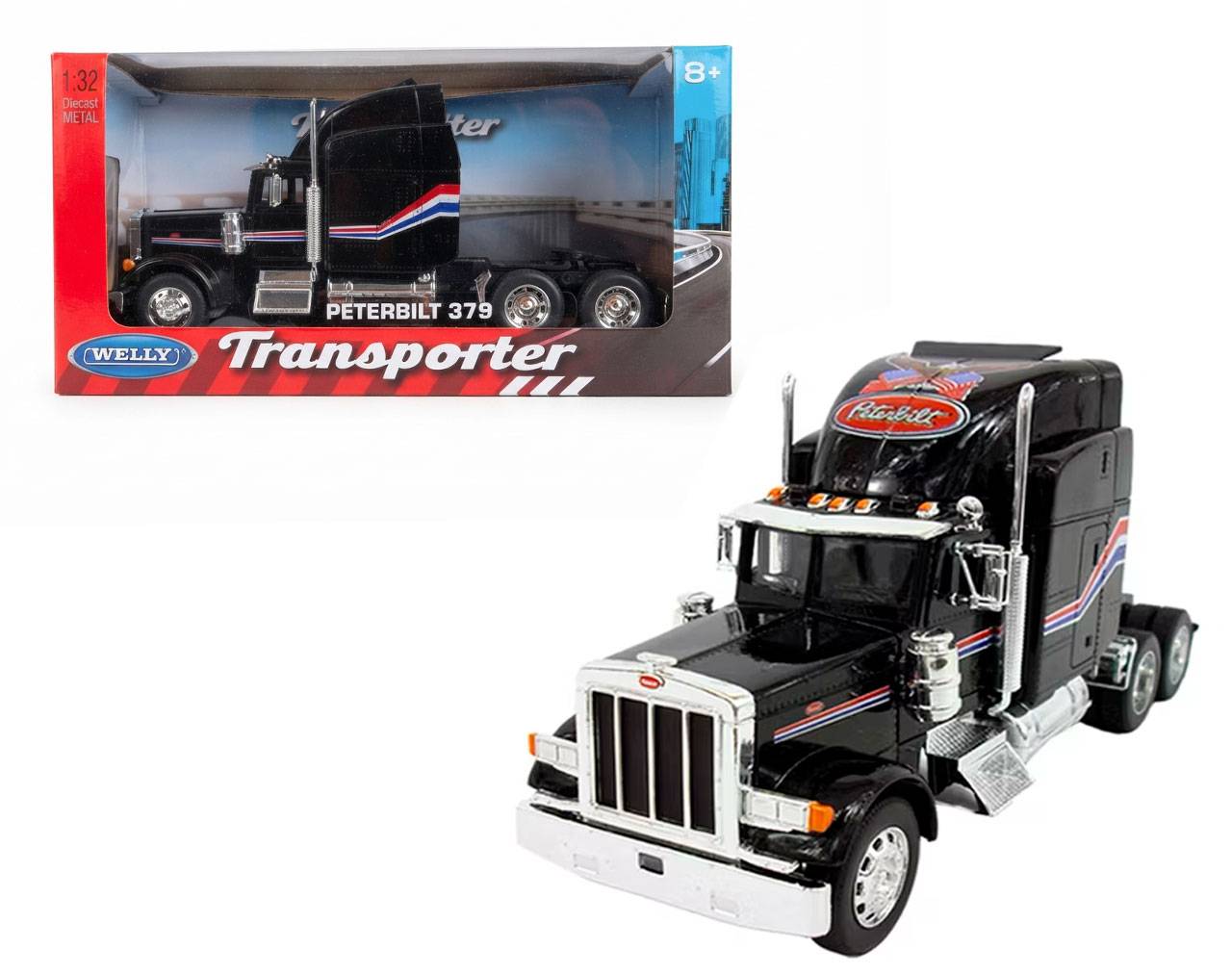 Truck Cab Peterbilt 379 (Black) - Trailer Escala 1:32 - Transporter Die-Cast Welly