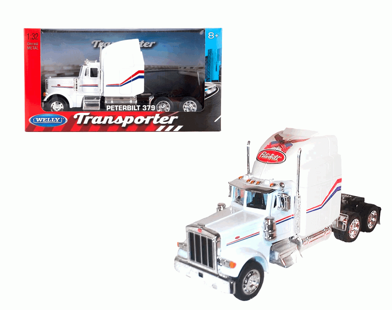Truck Cab Peterbilt 379 (White) - Trailer Escala 1:32 - Transporter Die-Cast Welly