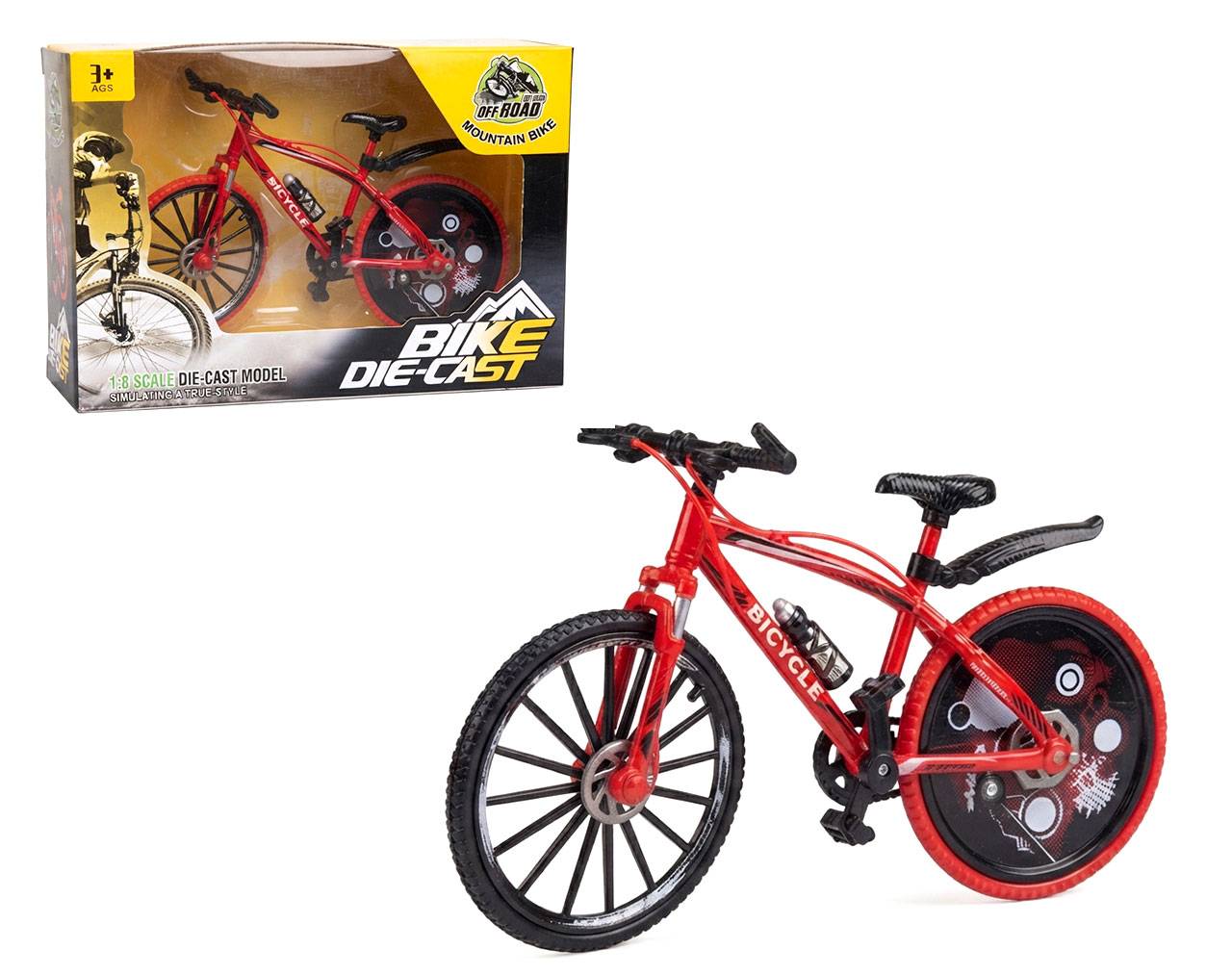 Bicycle with Solid Patterned Wheels (Red) Escala 1:8 - Bike Die-Cast Mountain Metal Bike