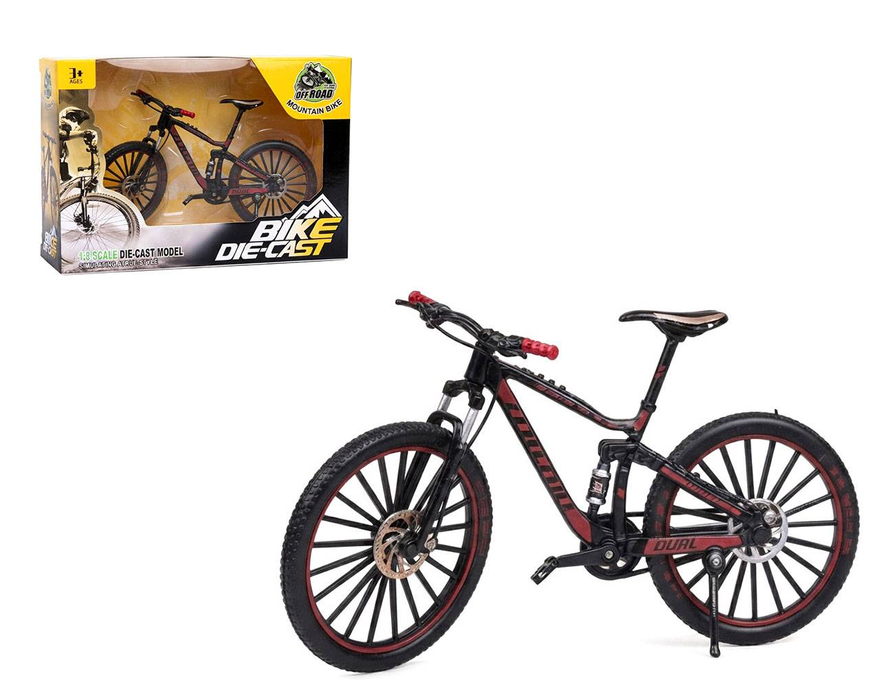 Bicycle Black & Red with Custom Spoked Wheels Escala 1:8 - Bike Die-Cast Mountain Metal Bike