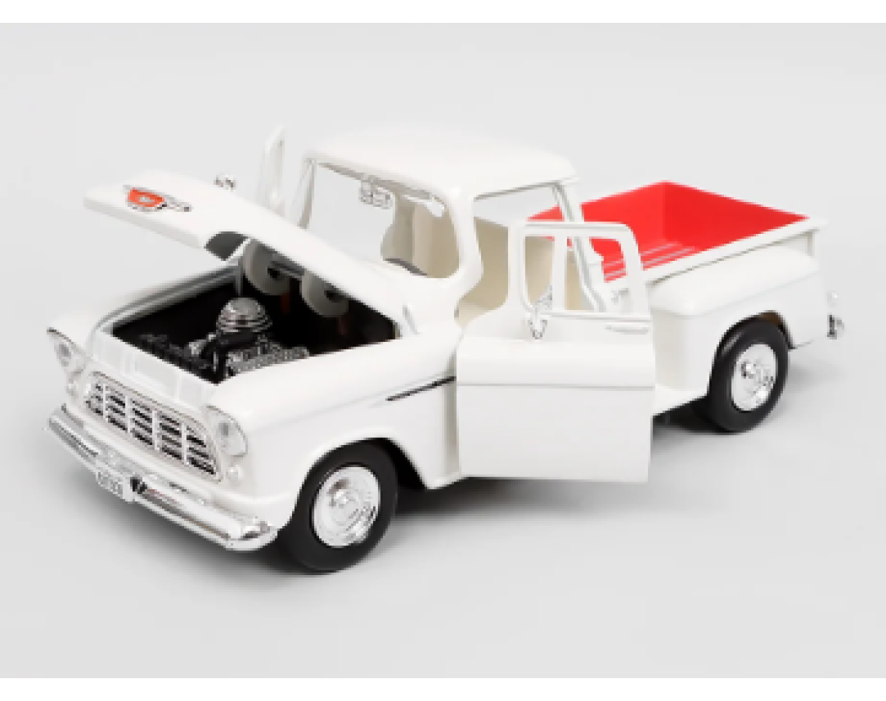 1955 Chevy 3100 Stepside (WHite & Red) (Escala 1:24) - Timeless Legends - Die-Cast Motor Max
